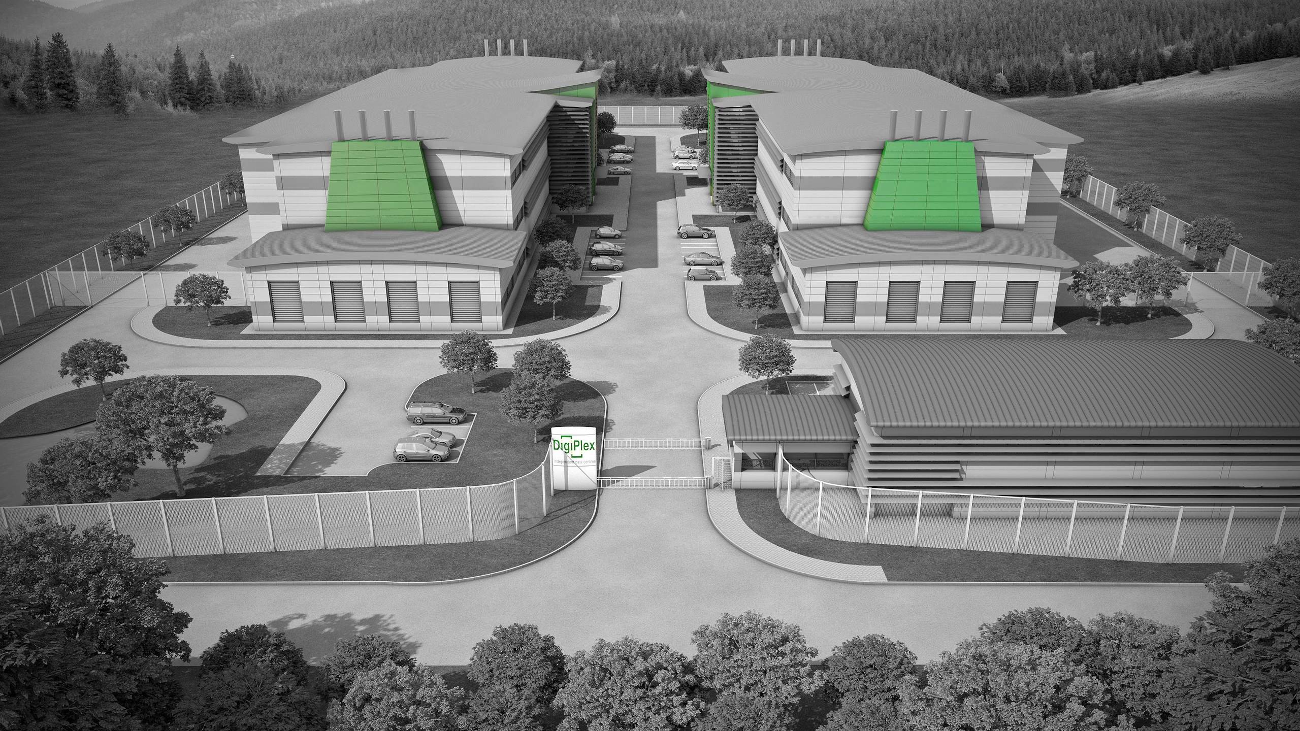 Aerial architectural rendering of the DigiPlex Fetsund data center campus near Oslo, showing two modern multi-story facilities with green architectural accents surrounded by perimeter fencing and parking. areas.