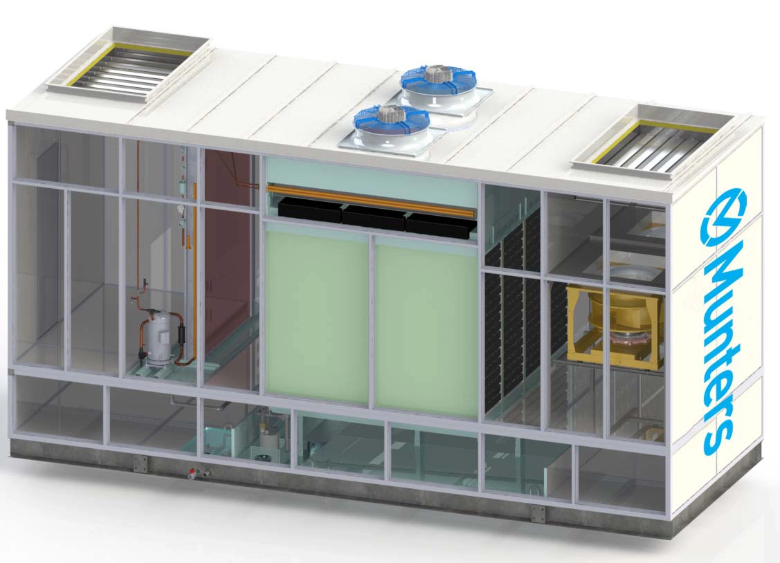 Technical 3D rendering of an outdoor Munters Oasis indirect evaporative cooling unit, showcasing its white panel housing, large blue top exhaust fans, and transparent side cutaways exposing internal filtration and components.