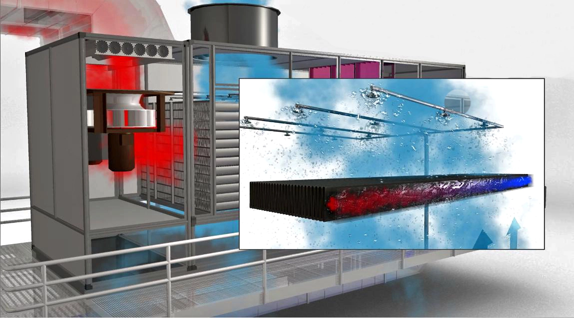 A technical rendering and cutaway diagram of a Munters Oasis indirect evaporative cooling unit, detailing internal air handling paths and an inset graphic illustrating a water mist spraying over an air-to-air polymer tube heat exchanger.