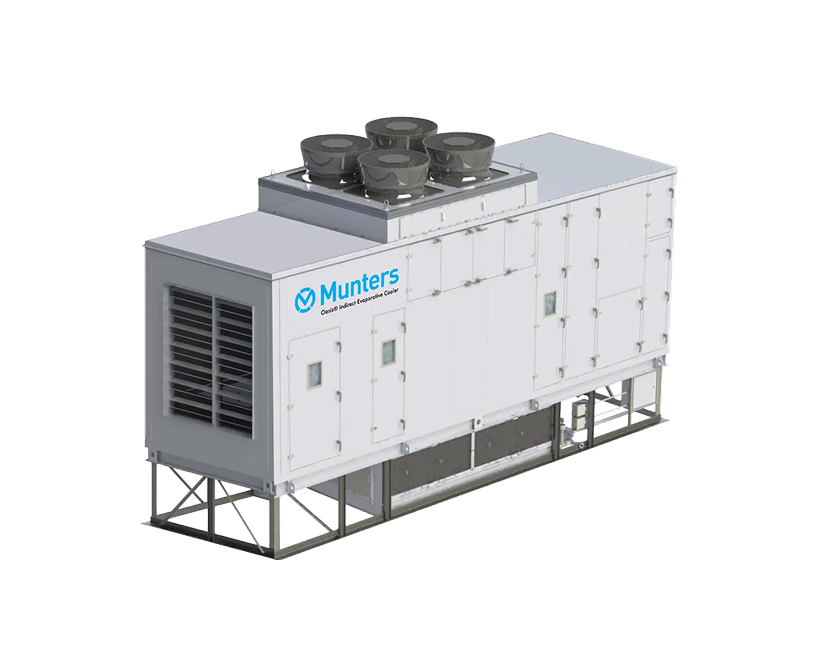 A studio photograph of a large, rectangular white Oasis Standard evaporative cooling unit with modular side panels and access doors, isolated on a light gray background.
