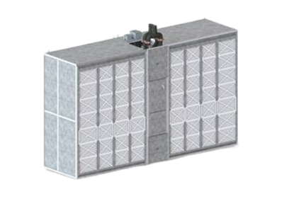 Technical rendering of the SyCool Split indoor air handler unit, showcasing a modular gray cabinet configuration with an integrated high-efficiency fan wall array and air filters.