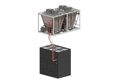 Technical schematic diagram of a Munters SyCool Split system, showing the indoor air handler unit connected via a closed-loop thermosyphon piping system to the outdoor dry indirect economizer unit.