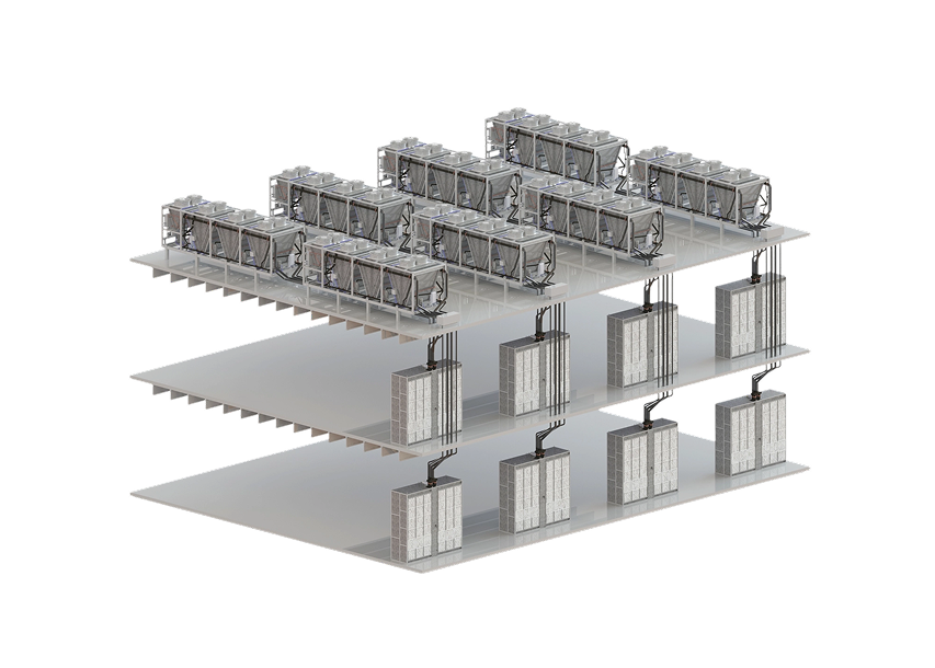 Product page screenshot for Munters SyCool Split dry indirect economizer system, featuring a multi-story technical rendering of indoor data center server rows connected to outdoor roof-mounted cooling units, alongside product highlights and features.