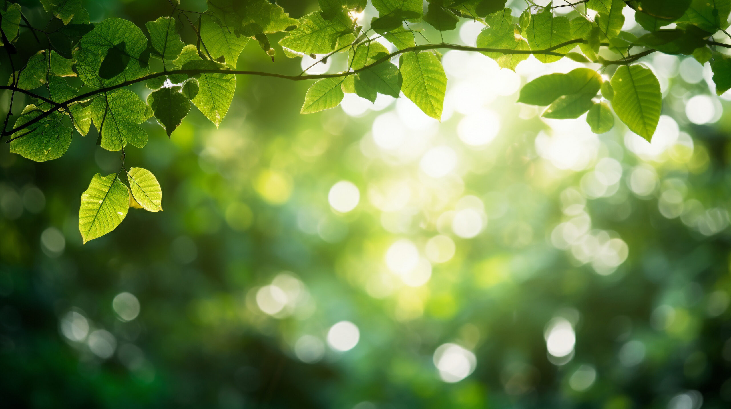 Bright sunlight filtering through lush green leaves in a forest, creating a soft, glowing bokeh background.