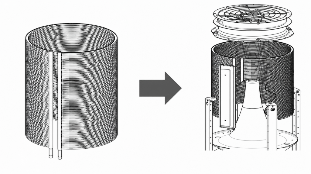 Black-and-white technical illustration showing a cylindrical coil component and an arrow pointing to an exploded assembly view with fan and support structure.