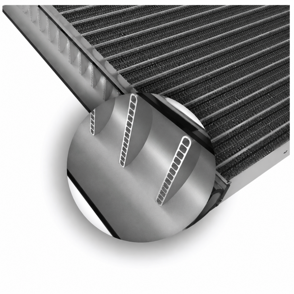 Close-up rendering of a finned heat exchanger with a circular magnified inset showing hollow internal channels in the metal profile.