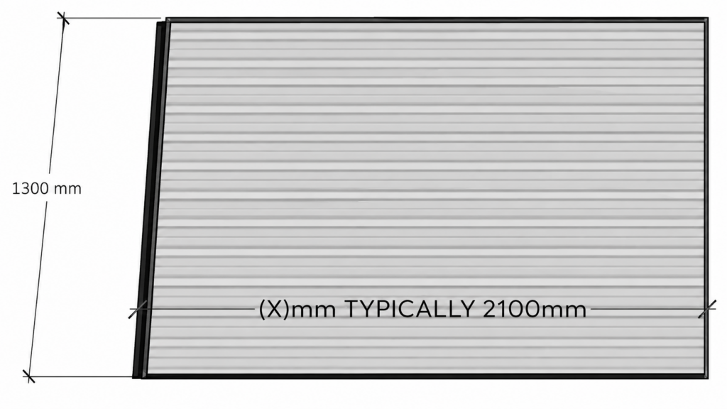 Technical drawing of a rectangular ribbed panel with dimension markings, showing a height of 1300 mm and a typical width of 2100 mm