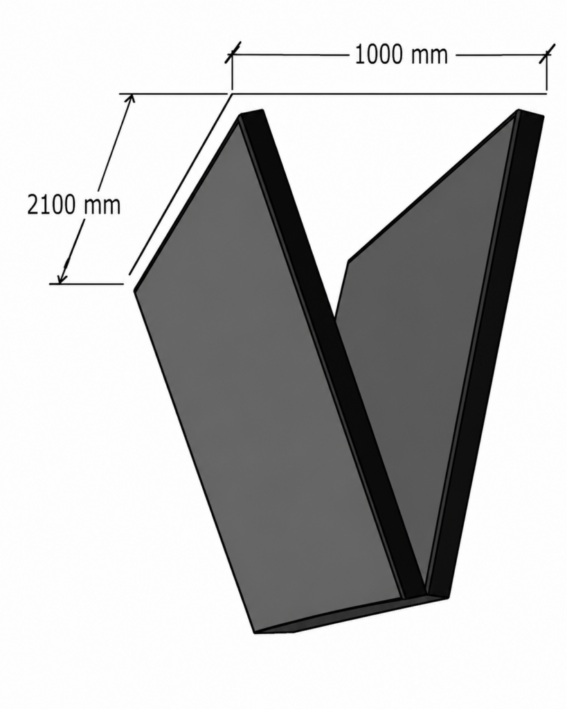 Technical illustration of a V-shaped folded panel component with dimension markings showing 1000 mm width and 2100 mm height.