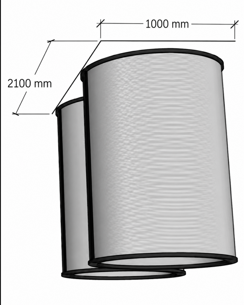 Technical illustration of a curved cylindrical panel assembly with dimension markings showing 1000 mm width and 2100 mm height.