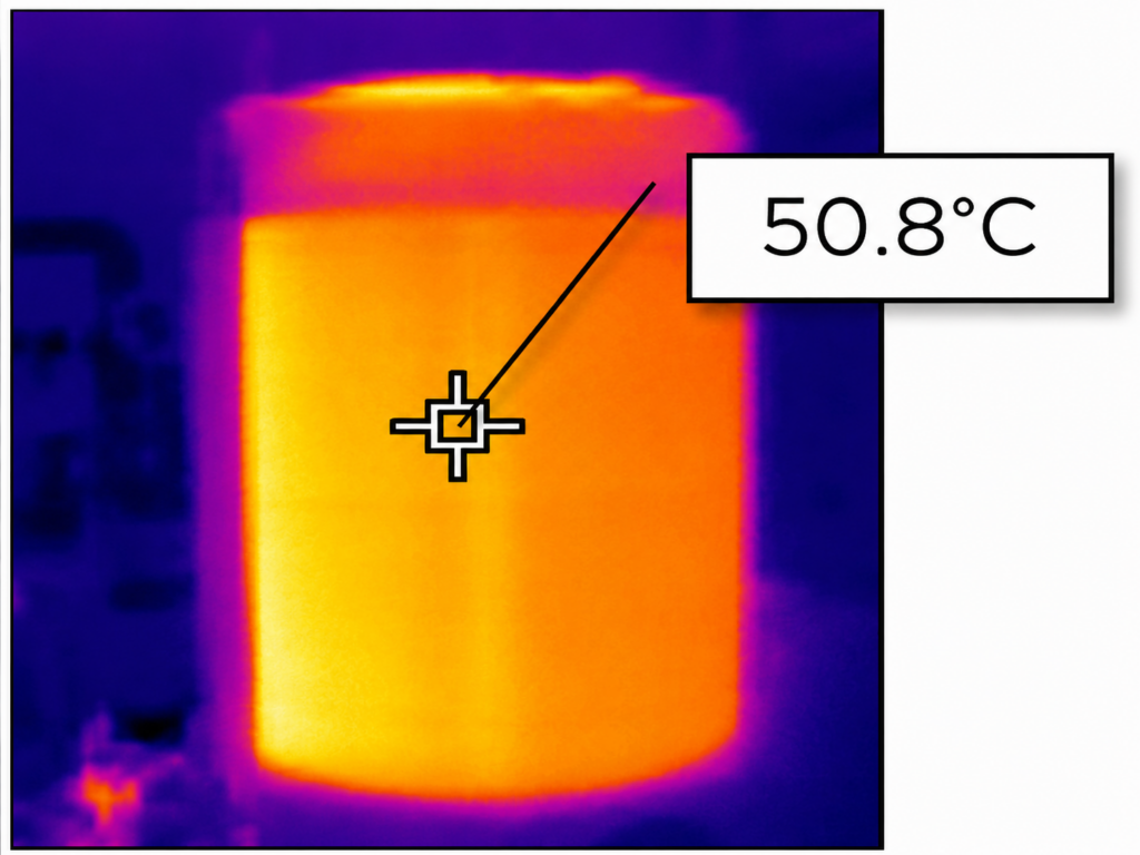 Thermal camera image of a heated cylindrical object with a measurement marker and a temperature callout reading 50.8°C.
