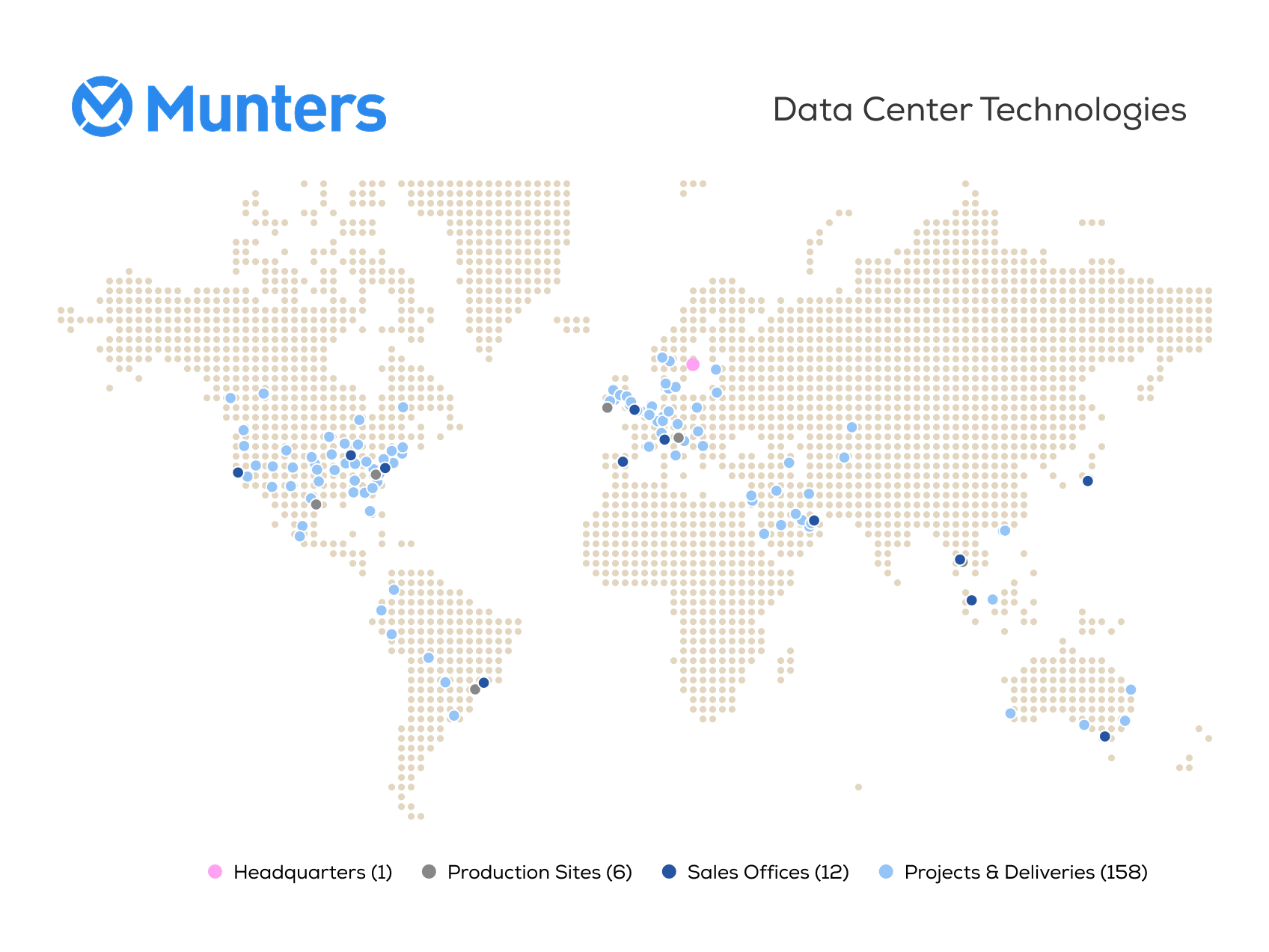 World map showing Munters Data Center Technologies headquarters, production sites, sales offices, projects and deliveries.